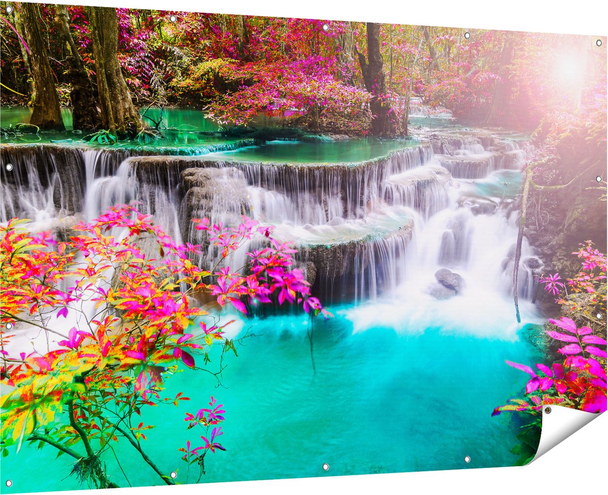 Gards Tuinposter Waterval in de Herfst met Kleurrijke Bloemen - 180x120 cm - Tuindoek - Tuindecoratie - Wanddecoratie buiten - Tuinschilderij Multikleur