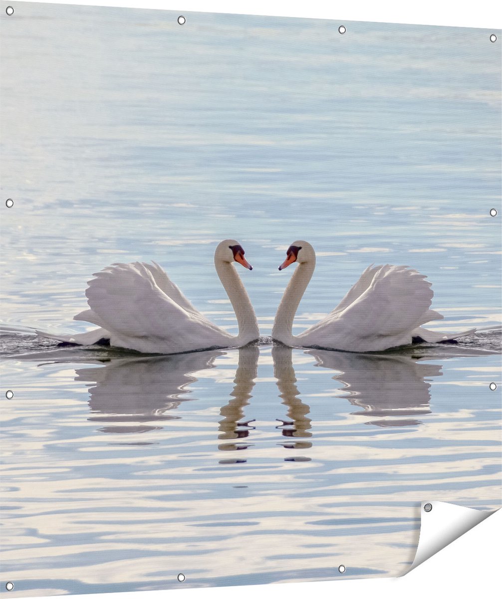 Gards Tuinposter Zwanen Koppel op het Water - 120x120 cm - Tuindoek - Tuindecoratie - Wanddecoratie buiten - Tuinschilderij Multikleur