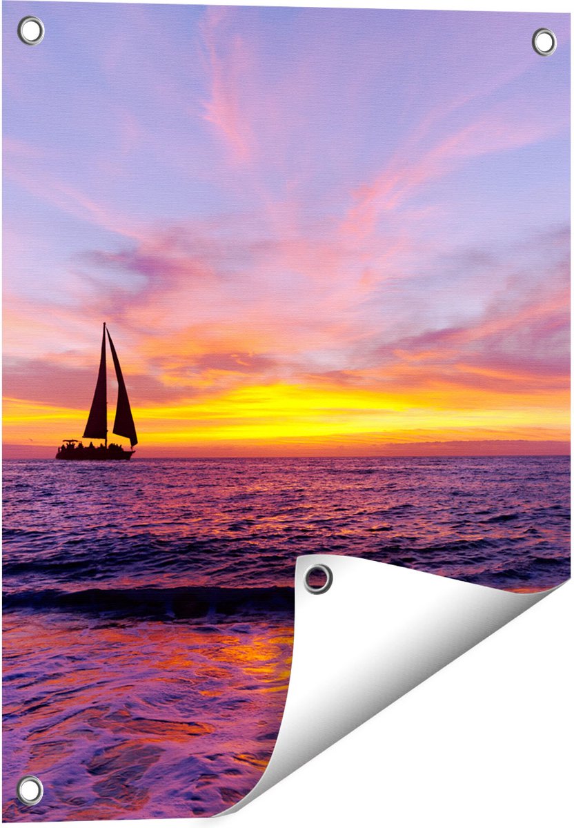 Gards Tuinposter Zeilboot Silhouet bij Zonsondergang - 40x50 cm - Tuindoek - Tuindecoratie - Wanddecoratie buiten - Tuinschilderij Multikleur