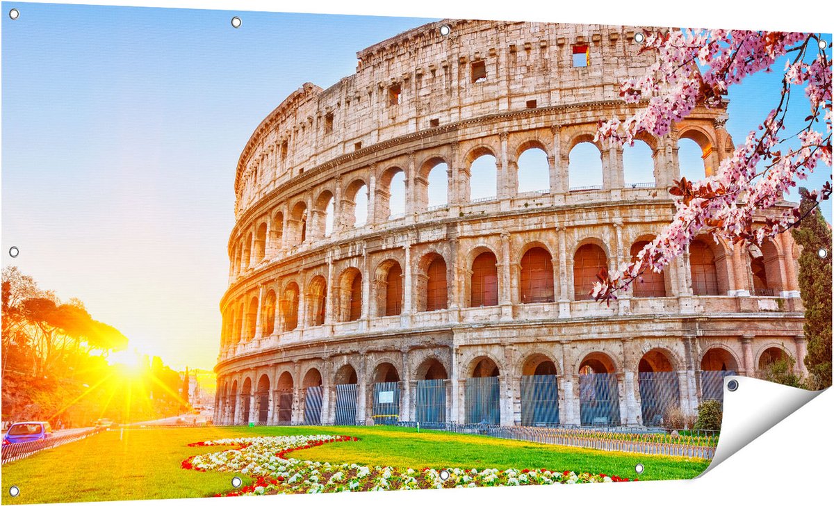 Gards Tuinposter Colosseum bij Zonsopgang in Rome, Itali� - 160x80 cm - Tuindoek - Tuindecoratie - Wanddecoratie buiten - Tuinschilderij Multikleur