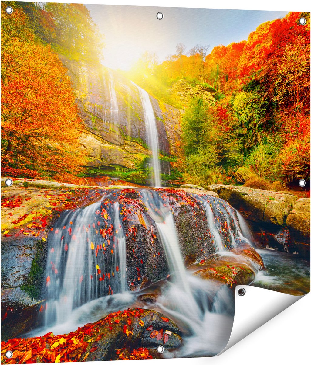 Gards Tuinposter Waterval in de Herfst Kleuren - 80x80 cm - Tuindoek - Tuindecoratie - Wanddecoratie buiten - Tuinschilderij Multikleur
