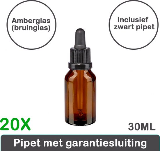 20x professionele amber (bruinglas) pipetflesje 30 ml inclusief zwart pipet - glazen pipetfles - aromatherapie