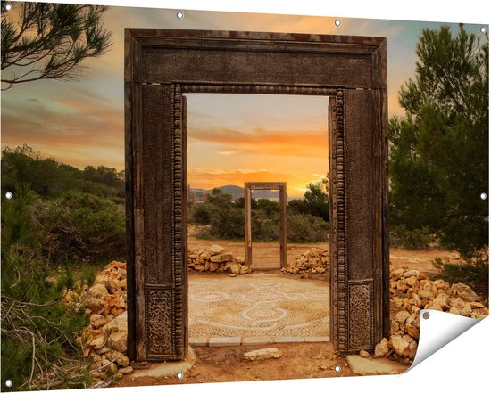 Foto: Gards tuinposter cale llentia deur opening in ibiza 150x100 cm tuindoek tuindecoratie wanddecoratie buiten tuinschilderij
