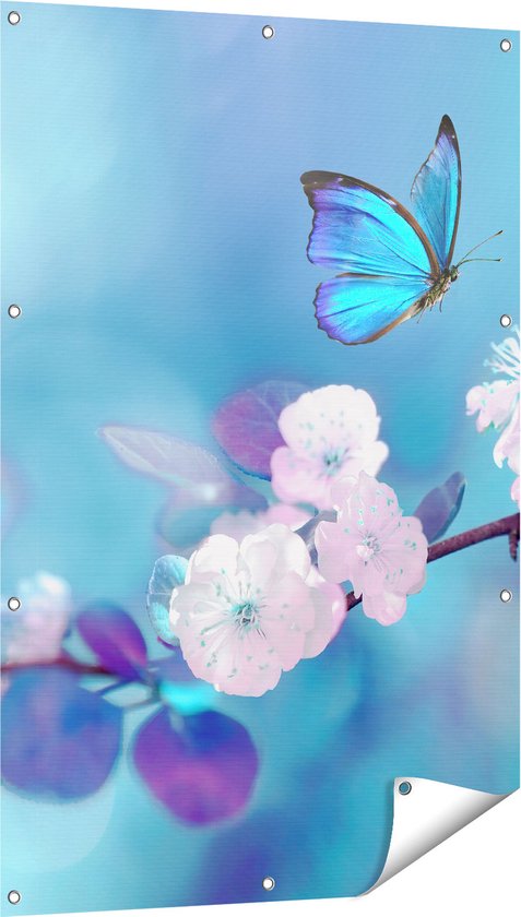 Gards Tuinposter Blauwe Vlinder bij een Paarse Bloem - 80x120 cm - Tuindoek