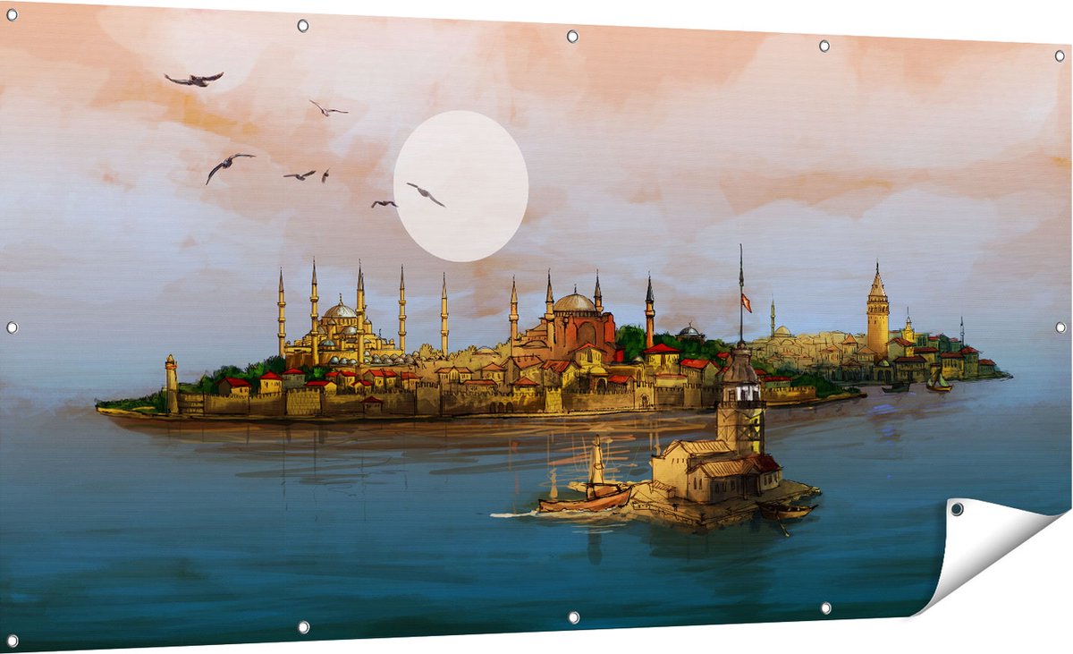 Gards Tuinposter Illustratie van de Maiden's Tower in Istanbul - 180x90 cm - Tuindoek - Tuindecoratie - Wanddecoratie buiten - Tuinschilderij Multikleur