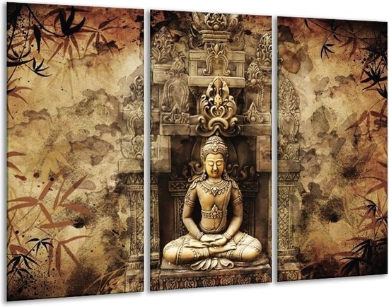 Glasschilderij Boeddha - Grijs, Bruin - 120x80cm 3Luik - Foto Op Glas - Geen Acrylglas Schilderij - GroepArt 6000+ Glas Art Collectie - Maatwerk Mogelijk