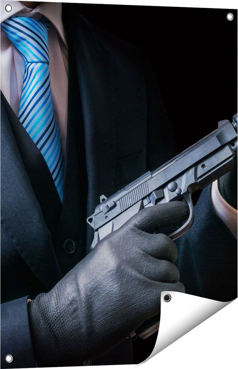 Gards Tuinposter Maffia Man met een Pistool in Handen - 60x80 cm - Tuindoek - Tuindecoratie - Wanddecoratie buiten - Tuinschilderij Multikleur