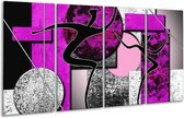 GroepArt - Glasschilderij - Abstract - Paars, Zwart, Wit - 160x80cm 4Luik - Foto Op Glas - Geen Acrylglas Schilderij - 6000+ Glasschilderijen Collectie - Wanddecoratie
