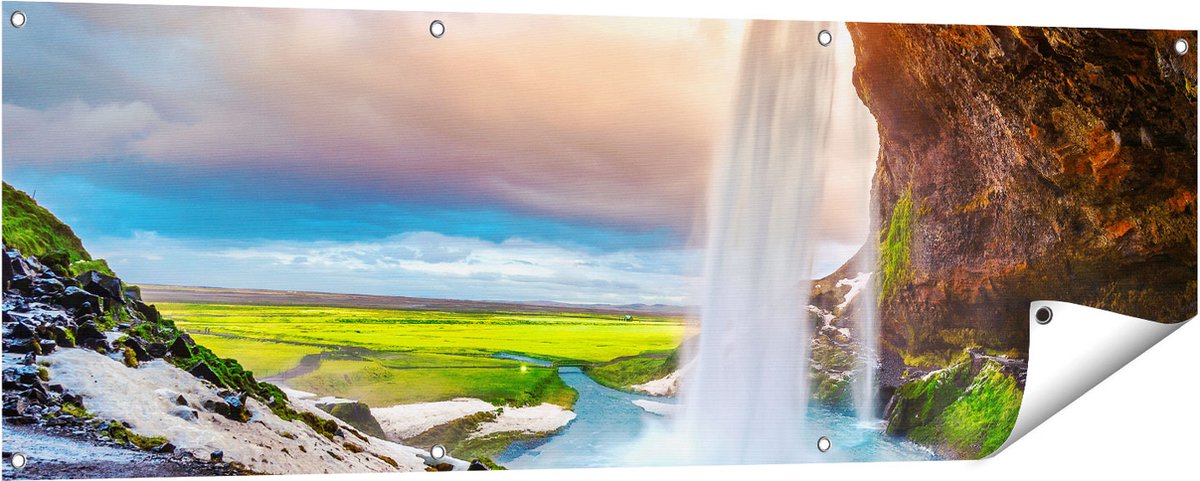Gards Tuinposter Waterval van een Klif bij Zonsondergang - 150x50 cm - Tuindoek - Tuindecoratie - Wanddecoratie buiten - Tuinschilderij Multikleur