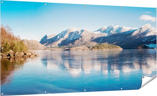 Gards Affiche de jardin Lac au paysage de Montagnes en Norvège - 200x100 cm - Toile de jardin - Décoration de jardin - Décoration murale extérieure - Tableau de jardin
