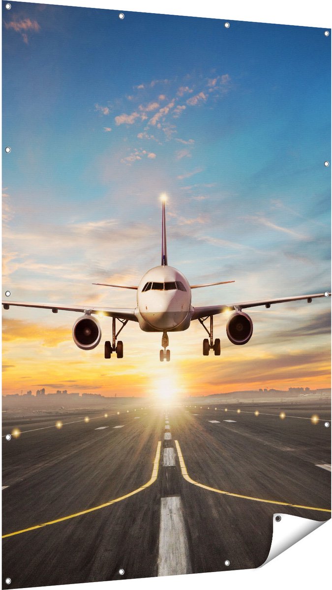 Gards Tuinposter Vliegtuig met een Landing op de Luchthaven - 120x180 cm - Tuindoek - Tuindecoratie - Wanddecoratie buiten - Tuinschilderij Multikleur