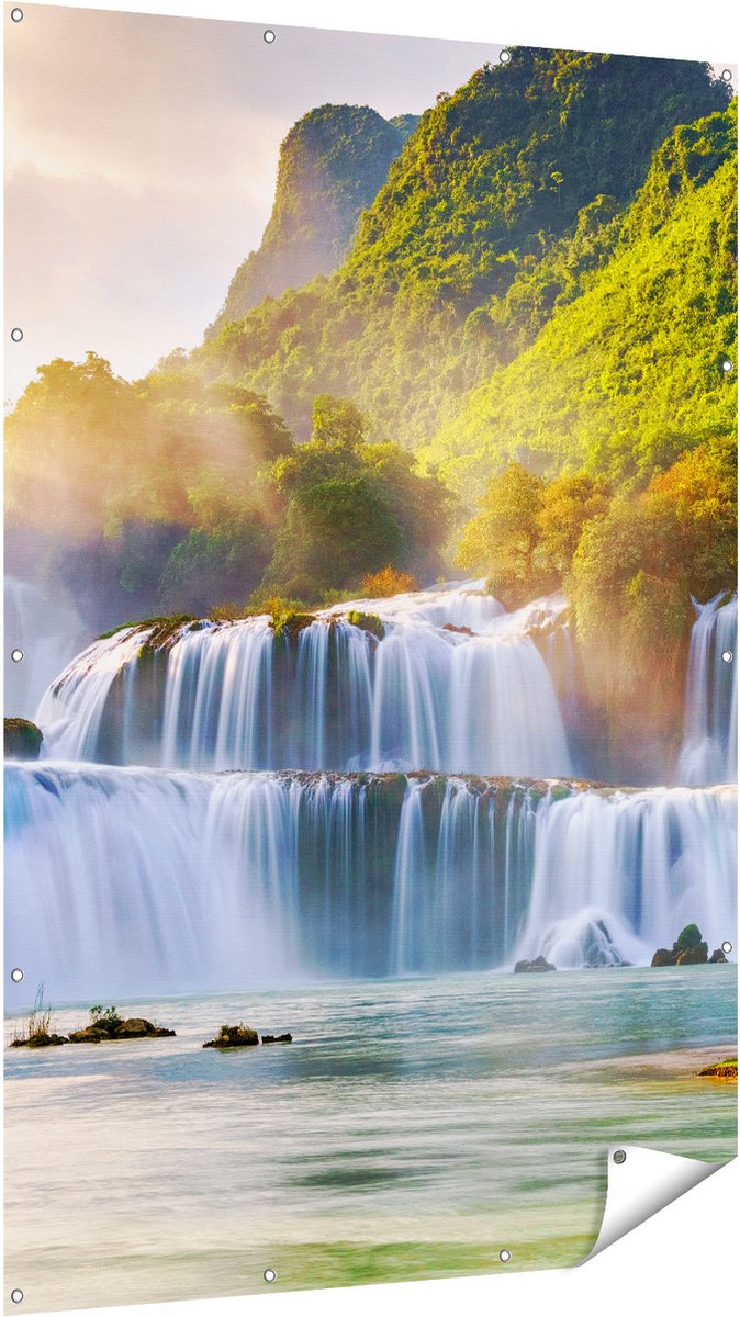 Gards Tuinposter Watervallen tussen de Bomen - 120x180 cm - Tuindoek - Tuindecoratie - Wanddecoratie buiten - Tuinschilderij Multikleur