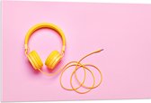 Acrylglas - Gele Headset tegen Roze Achtergrond - 105x70 cm Foto op Acrylglas (Met Ophangsysteem)