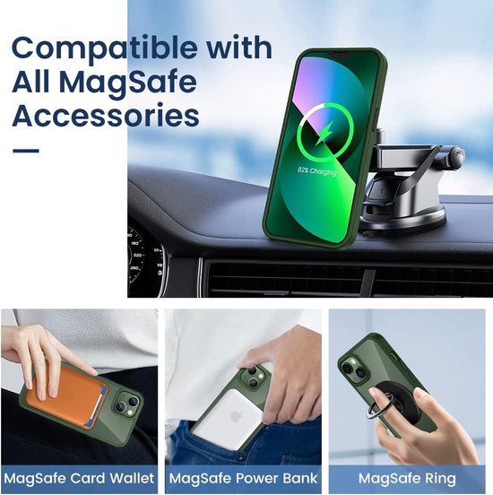 Groen iPhone 13 hoesje met MagSafe, kaartportemonnee, powerbank en ring.