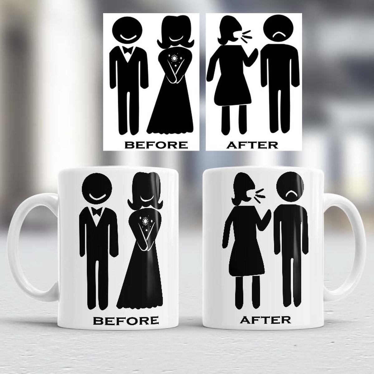 Mokken before and after getting married - Liefde - koppels - cute - cadeau - love - couple