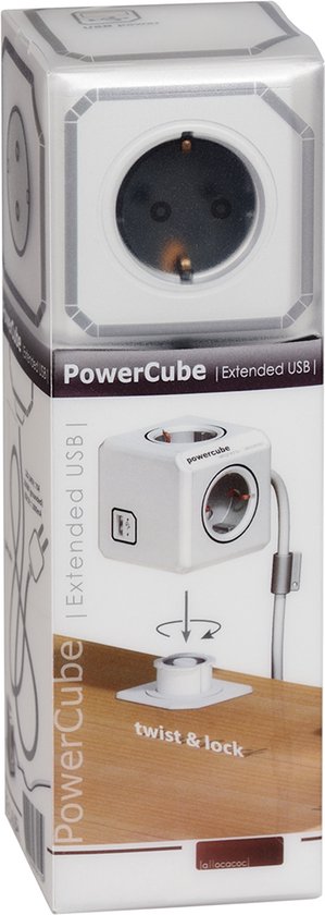 DesignNest PowerCube Extended DUO USB - 1,5 meter kabel - wit/grijs- 4 stopcontacten - 2 USB laders - Type F - stekkerdoos - stekkerblok - telefoonlader - oplader - DesignNest