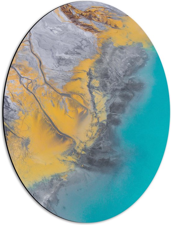 Dibond Ovaal - Abstract Bruin, Geel en Blauwe Vlekken - 42x56 cm Foto op Ovaal (Met Ophangsysteem)