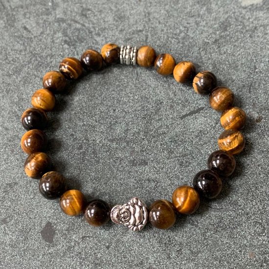 Armband - natuursteen - tijgeroog - buddha teken - 8 mm 20,5 cm