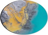 Dibond Ovaal - Abstract Bruin, Geel en Blauwe Vlekken - 28x21 cm Foto op Ovaal (Met Ophangsysteem)