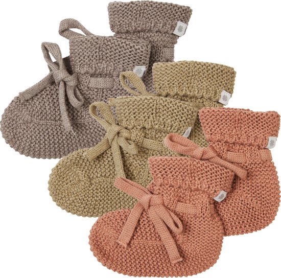 Noppies - Chaussons tricotés - emballés dans une boîte cadeau - 3 paires - Bébé 0-12 mois - Coton bio - Taupe Melange - Vert clair - Café au lait