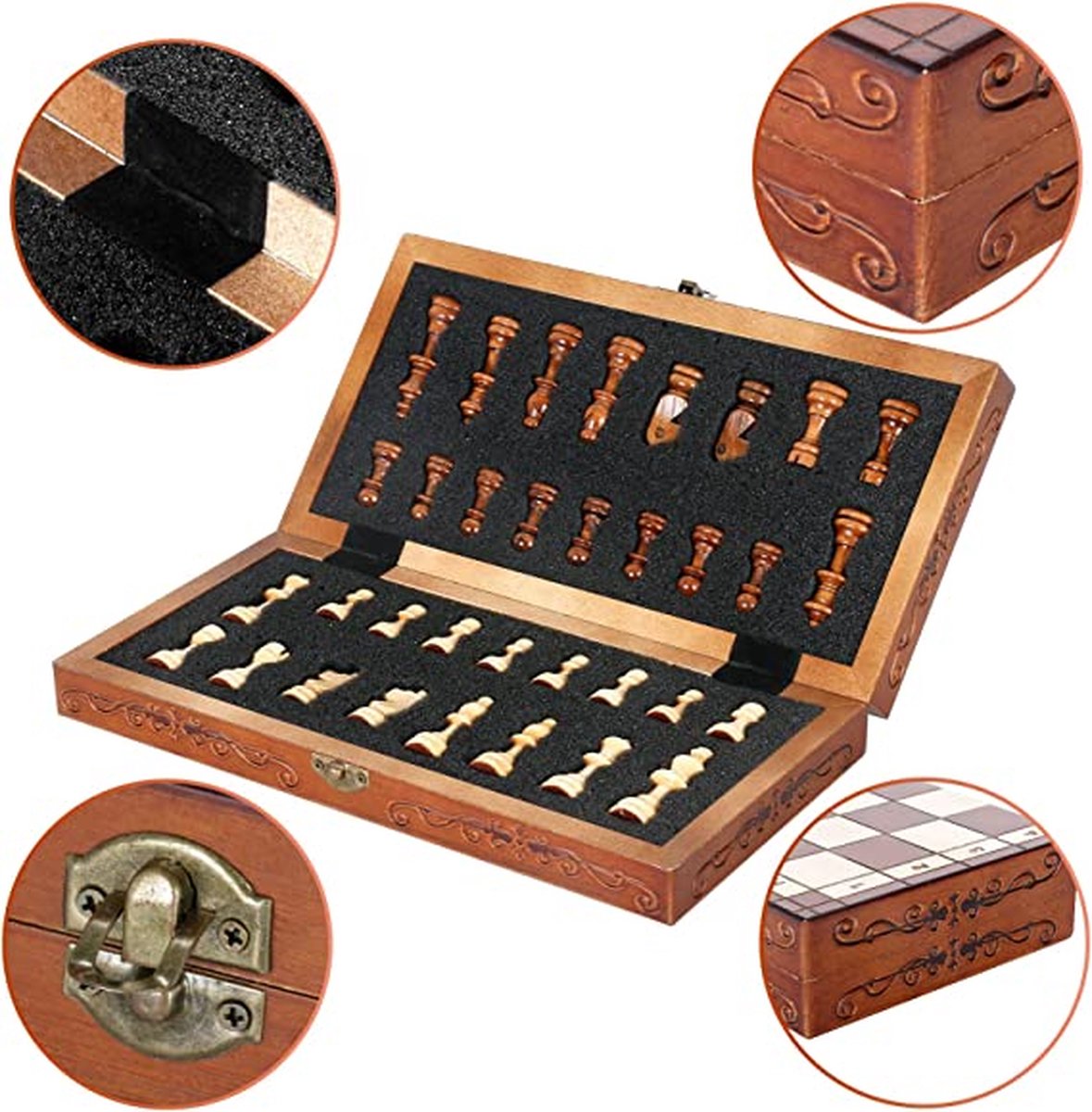 Jeu D'échecs En Bois 3 En 1 - Échecs, Dames, Backgammon - Echiquier Pliable Portable - Pour Enfants Et Adultes - 4