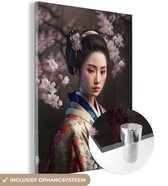 Glasschilderij vrouw - Kimono - Sakura - Bloemen - Asian - Portret - Glasplaat - Woondecoratie - Muurdecoratie glas - 120x160 cm - Foto op glas - Schilderij glas - Woonkamer - Glasschilderijen