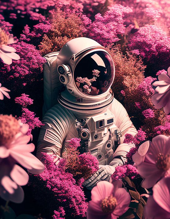 AI - Woondecoratie - Poster - Astronaut - bloemen – 07 - 70 x 100 cm
