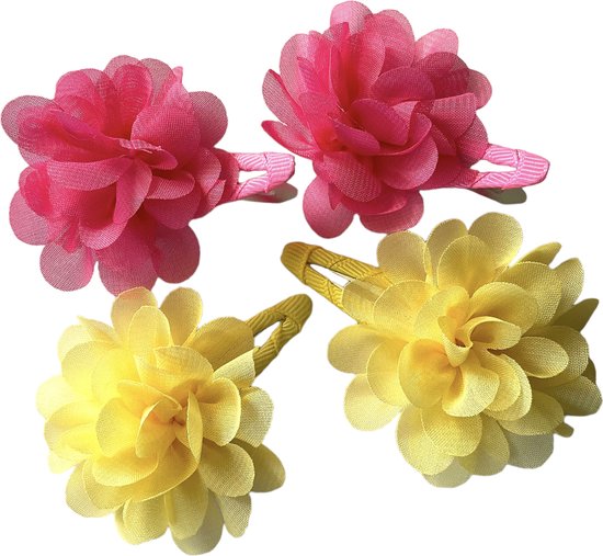 Klik-Klak Haarspeldjes - Haarclips - Fuchsia/Geel - 7 cm - 4 Stuks
