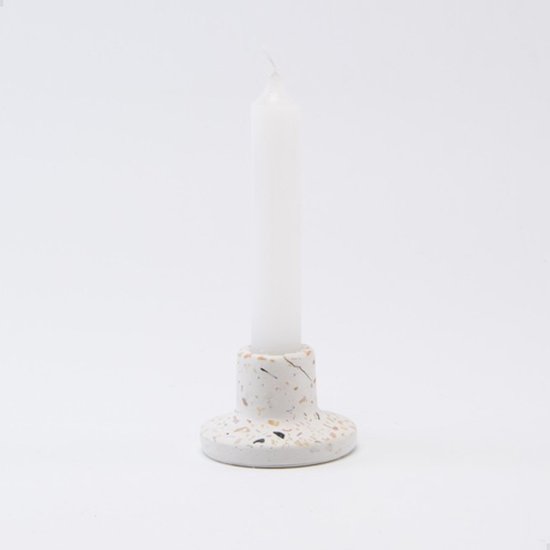 Bougeoir en terrazzo - bougeoir pour bougies du dîner - couleur blanc - 6 pièces + 6 bougies vertes assorties - magnifique comme décoration - merci