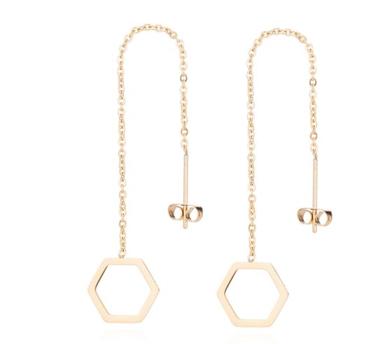Oorhangers - hexagon - goudkleurig - doortrek oorbellen - cadeau voor vrouw - Liefs Jade
