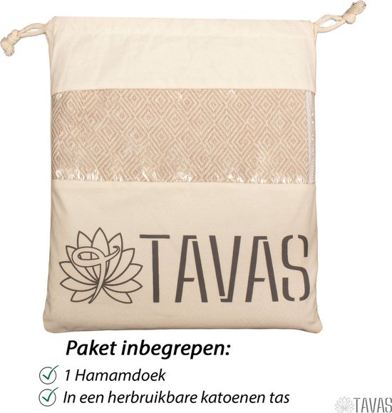 Beige hamamdoek verpakt in een herbruikbare katoenen tas met TAVAS logo.