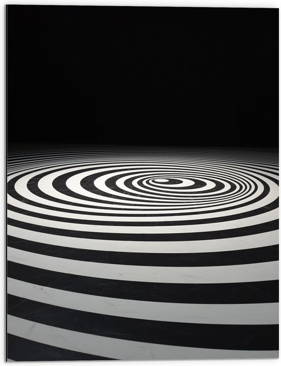 Dibond - Vloer van Zwarte en Witte Cirkels in Zwarte Omgeving - 60x80 cm Foto op Aluminium (Met Ophangsysteem)