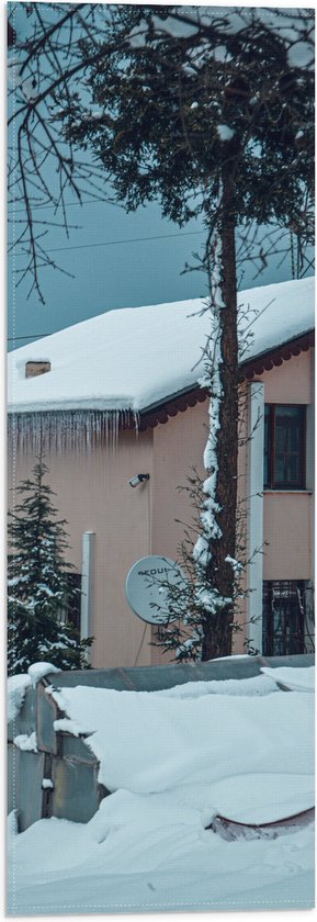 Vlag - Besneeuwd Huisje onder de Grijze Lucht - 20x60 cm Foto op Polyester Vlag