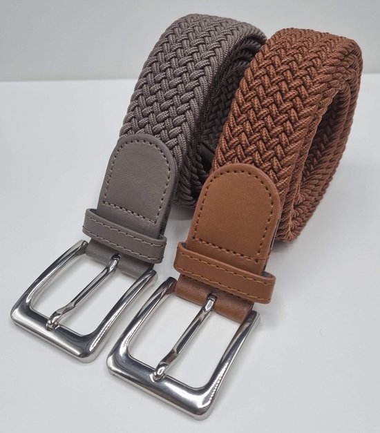 2 pack deal - Elastische broekriem Stretch riem Vlecht riem Gevlochten riem Elastiek riem - unisex - Kleur 1-Lichtbruin 2-Kaki