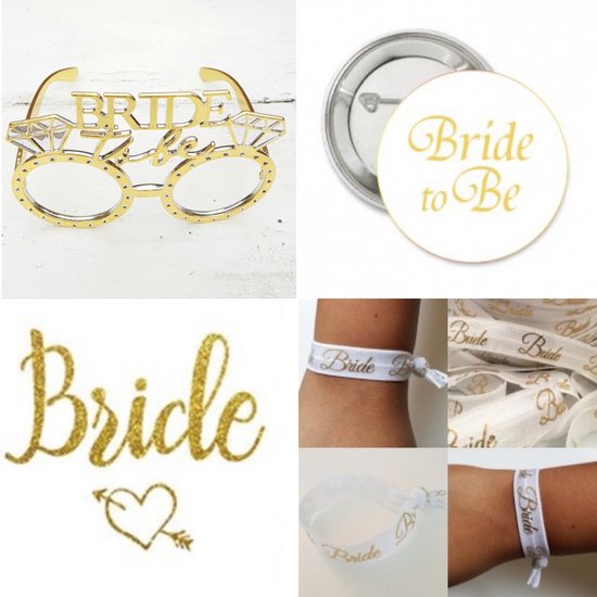 Vrijgezellenfeest set Bride wit met goud met bril button tatoeage en armband  -... | bol