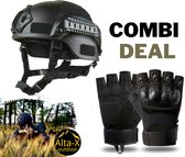 Alta-X - Airsoft Helm & Airsoft Vingerloze Handschoenen zwart Combi deal - Paintbal helm - leger Helm - leger handschoenen -