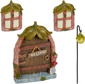 Relaxdays kabouterdeur set - boomdecoratie - feeëndeur met ramen - lantaarn - kunststeen