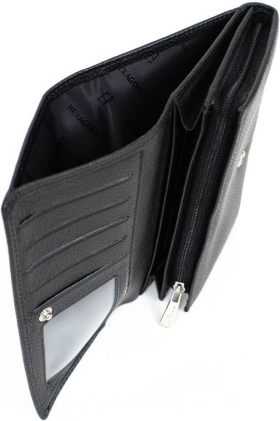 Portefeuille noire en cuir ouverte, avec plusieurs compartiments et une poche zippée.