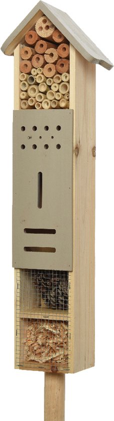 Decoris Insectenhotel op stok - bamboe hout - 10 x 15 x H118 cm - groengrijs