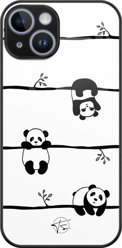 Coque de téléphone avec fond blanc et pandas noirs sur des branches.