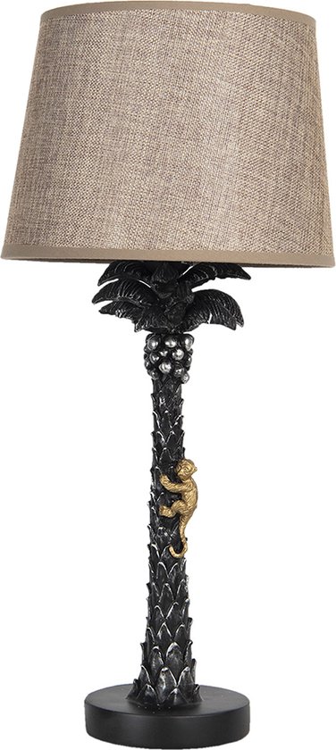 HAES DECO - Tafellamp - City Jungle - Klimmende Aap in Palmboom, formaat Ø 27x54 cm - Bruin, Zwart en Goudkleurig Polyresin - Bureaulamp, Sfeerlamp, Nachtlampje