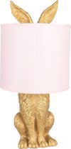 HAES DECO - Tafellamp - City Jungle - Konijn in de Lamp, formaat Ø 20x43 cm - Goudkleurig met Roze Lampenkap - Bureaulamp, Sfeerlamp, Nachtlampje