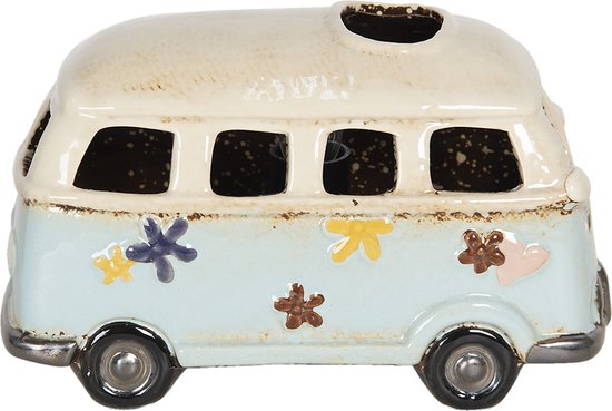 HAES DECO - Tafellamp - Beachlife - Vintage Bestelwagen, formaat 18x10x11 cm - Beige met Blauw Keramiek - Bureaulamp, Nachtlampje, Sfeerlamp