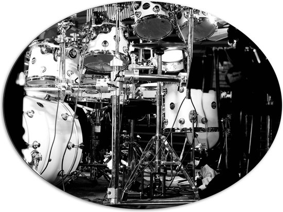 Dibond Ovaal - Lichtgekleurd Drumstel (Zwart- wit) - 108x81 cm Foto op Ovaal (Met Ophangsysteem)