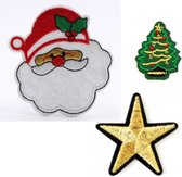 set patches kerst goud - opstrijk embleem - patch ster goud - patch kerstman - patch kerstboom
