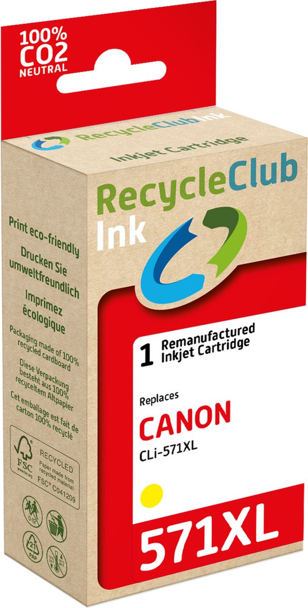 RecycleClub inktcartridge - Inktpatroon - Geschikt voor Canon - Alternatief voor Canon CLi-571XL Yellow - Geel 13ml - 810 pagina's