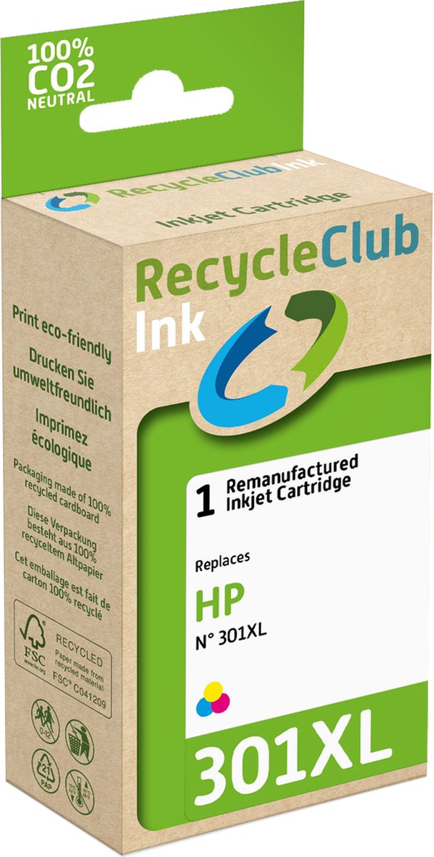 RecycleClub inktcartridge - Inktpatroon - Geschikt voor HP - Alternatief voor HP 301XL Kleur 16ml - 440 pagina's