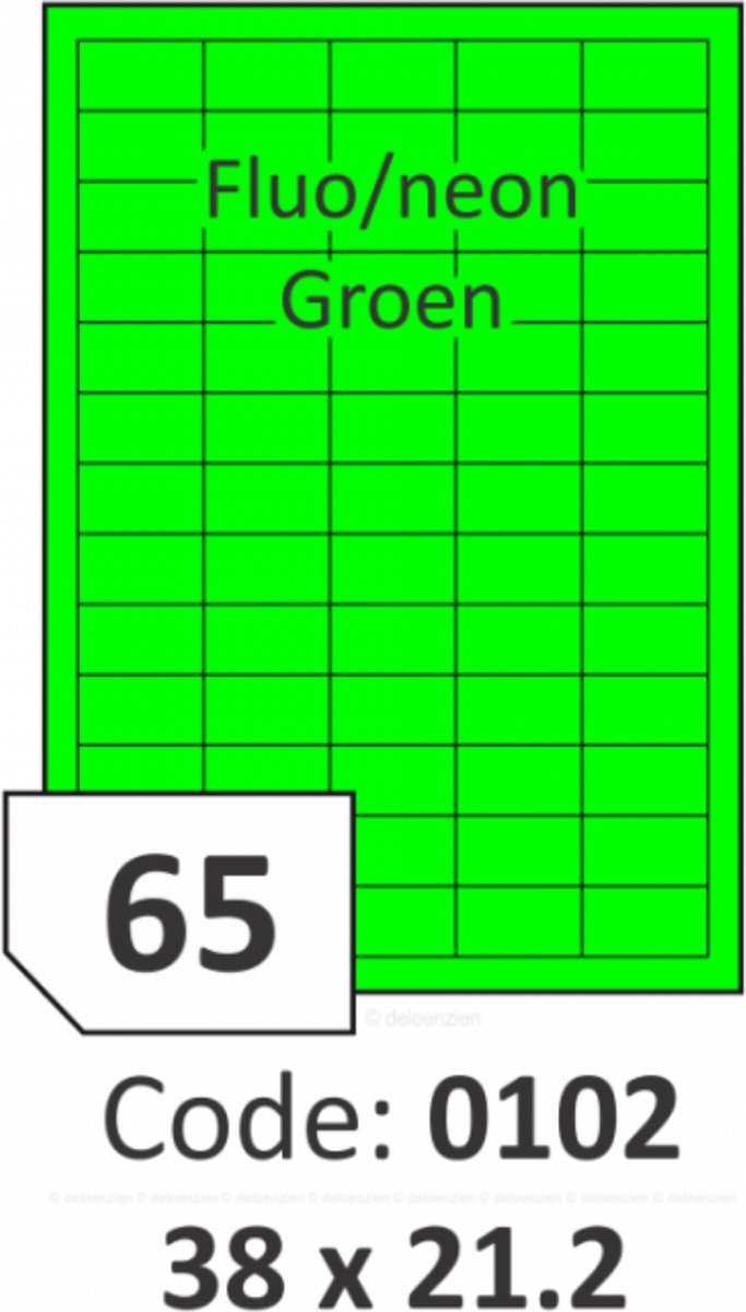 R0130.0102.A Rayfilm NEON GROEN zelfklevende etiketten 38x21.2 mm - 65 per blad - 6500 etiketten per doos van 100 vel