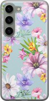 Hoesje geschikt voor Samsung Galaxy S23 - Mint bloemen - Soft Case - TPU - Bloemen - Blauw - Mooie Telefoonhoesjes