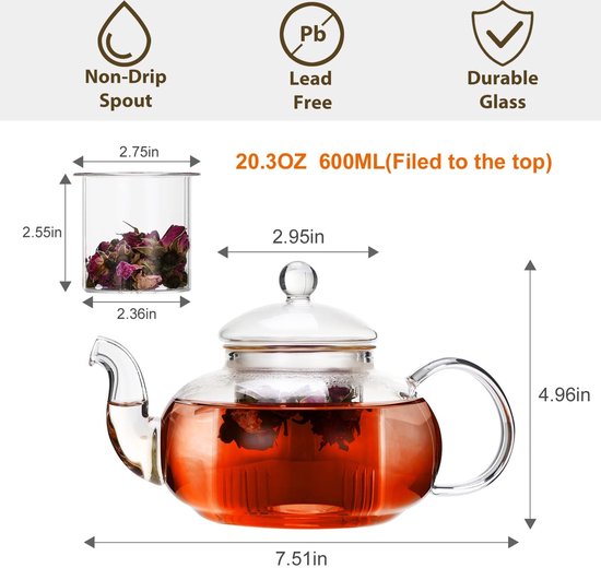Théière En Verre Borosilicaté 580ml Avec Infuseur Rotatif 360° - Élégante Et Résistante à La Chaleur